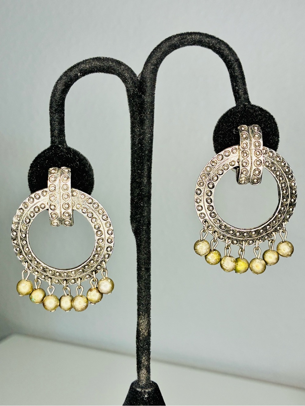 Vintage Signed Silver Door Knocker Clip Earrings w/Accent Drops Southwestern EUC